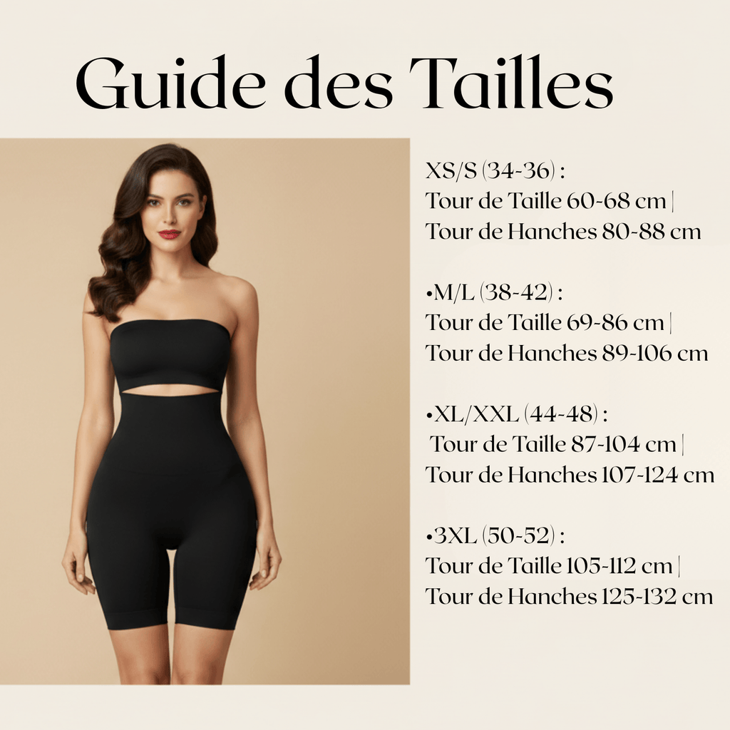 Guide de taille short gainant noir femme avec mesures taille et hanches XS au 3XL