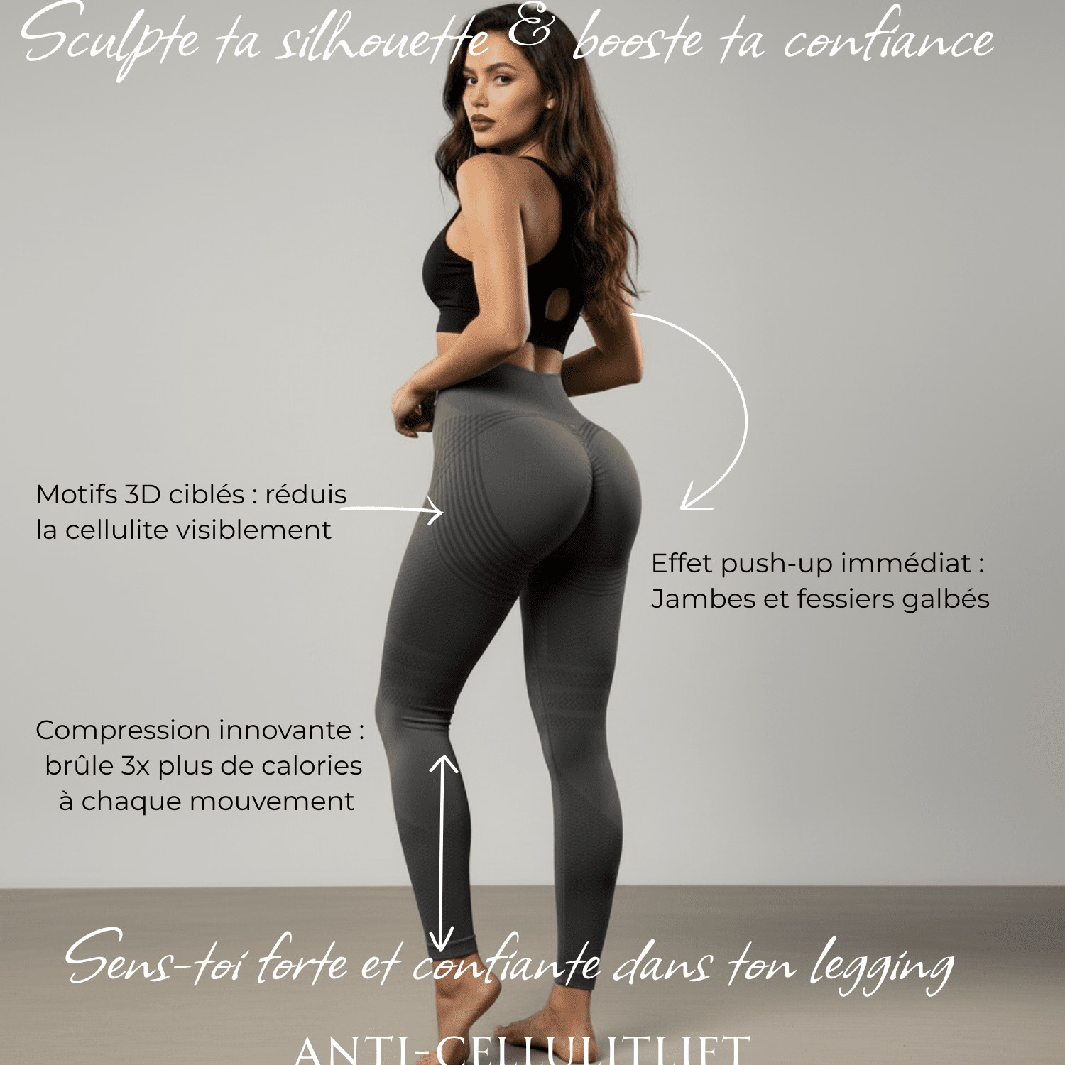 Legging push-up gris femme, infographie bénéfices : anti-cellulite, compression, push-up, confiance, flèches pédagogiques