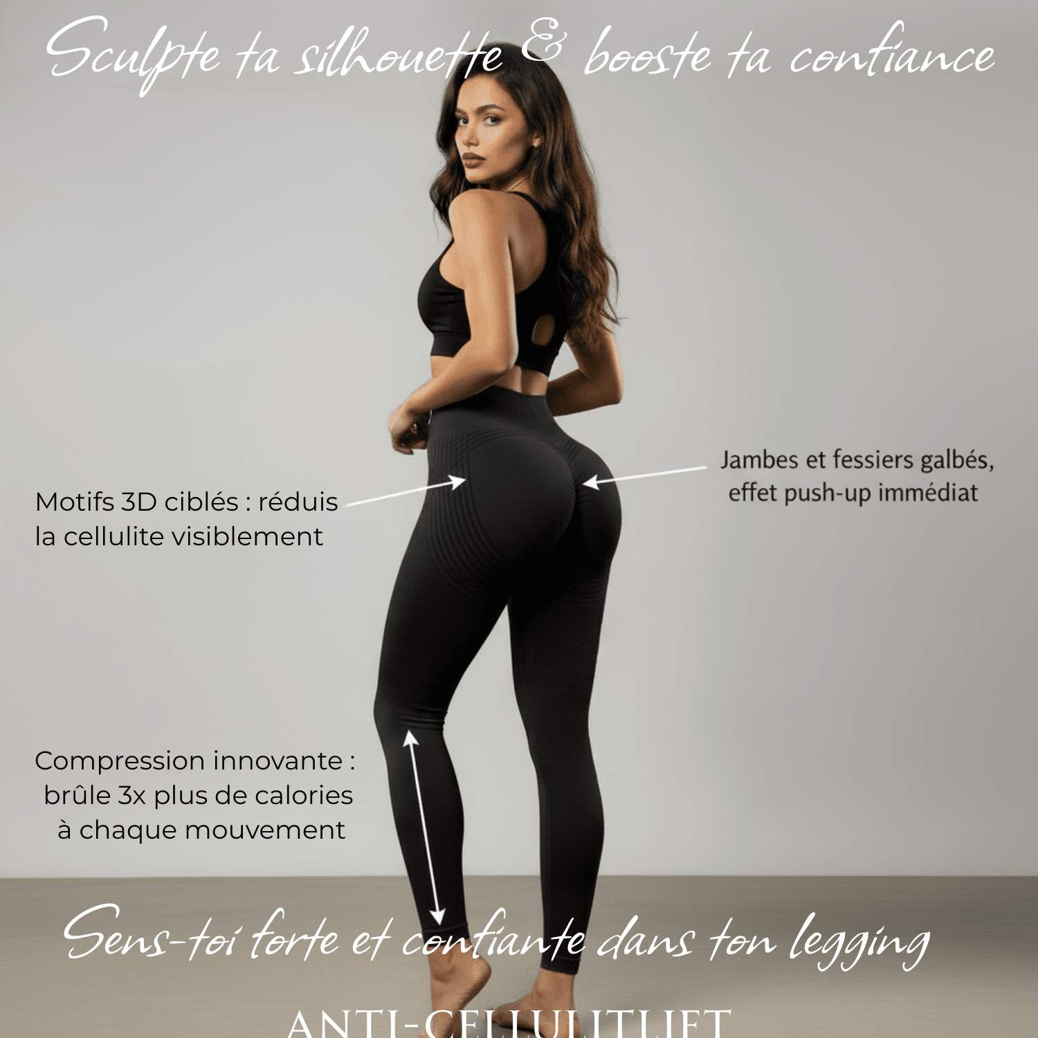 Legging push-up noir femme, infographie bénéfices : anti-cellulite, compression, push-up, confiance, flèches pédagogiques