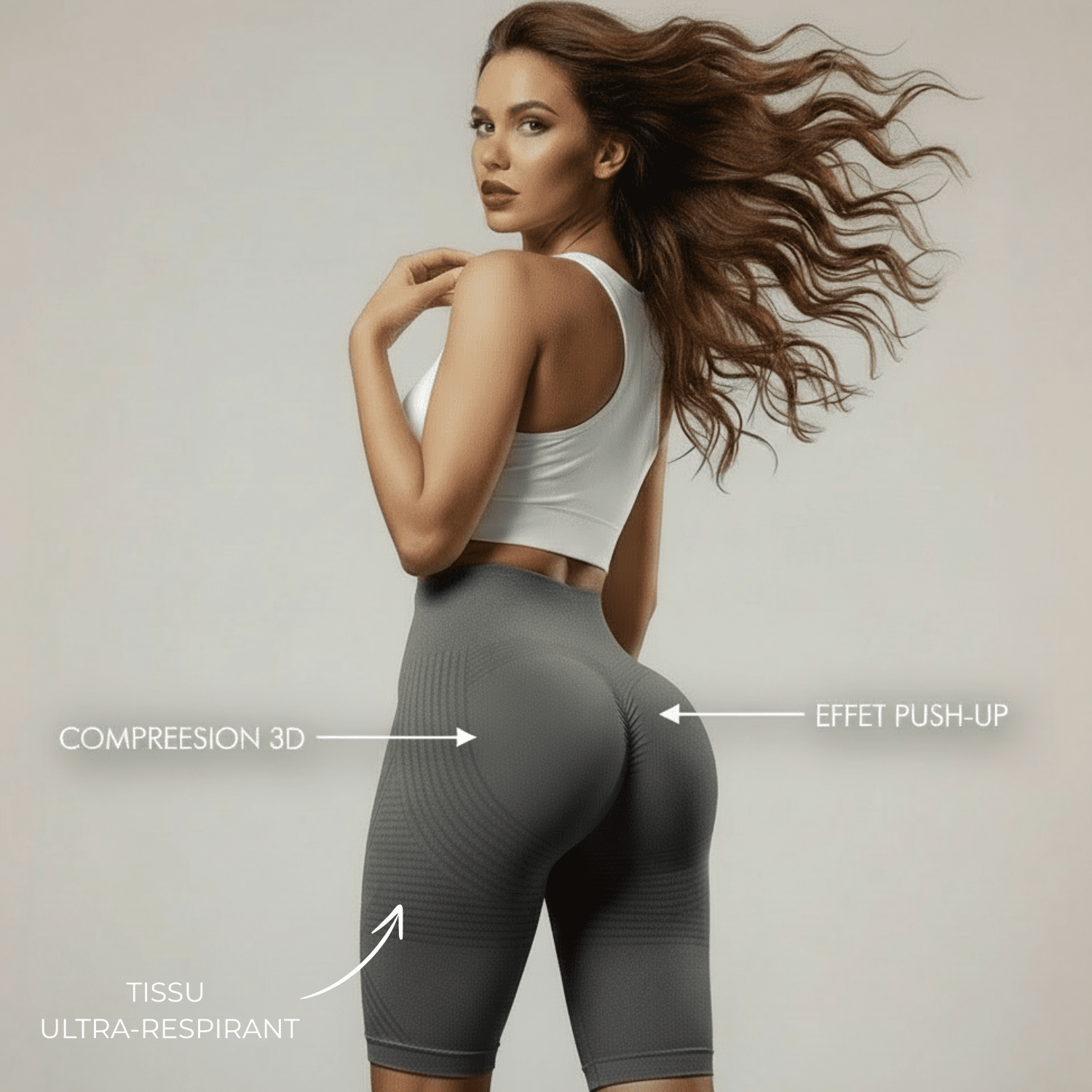 Short sport femme noir anti-cellulite cycliste seamless, flèches indiquant compression 3D, push-up naturel et tissu ultra-respirant, modèle en studio fond crème.
