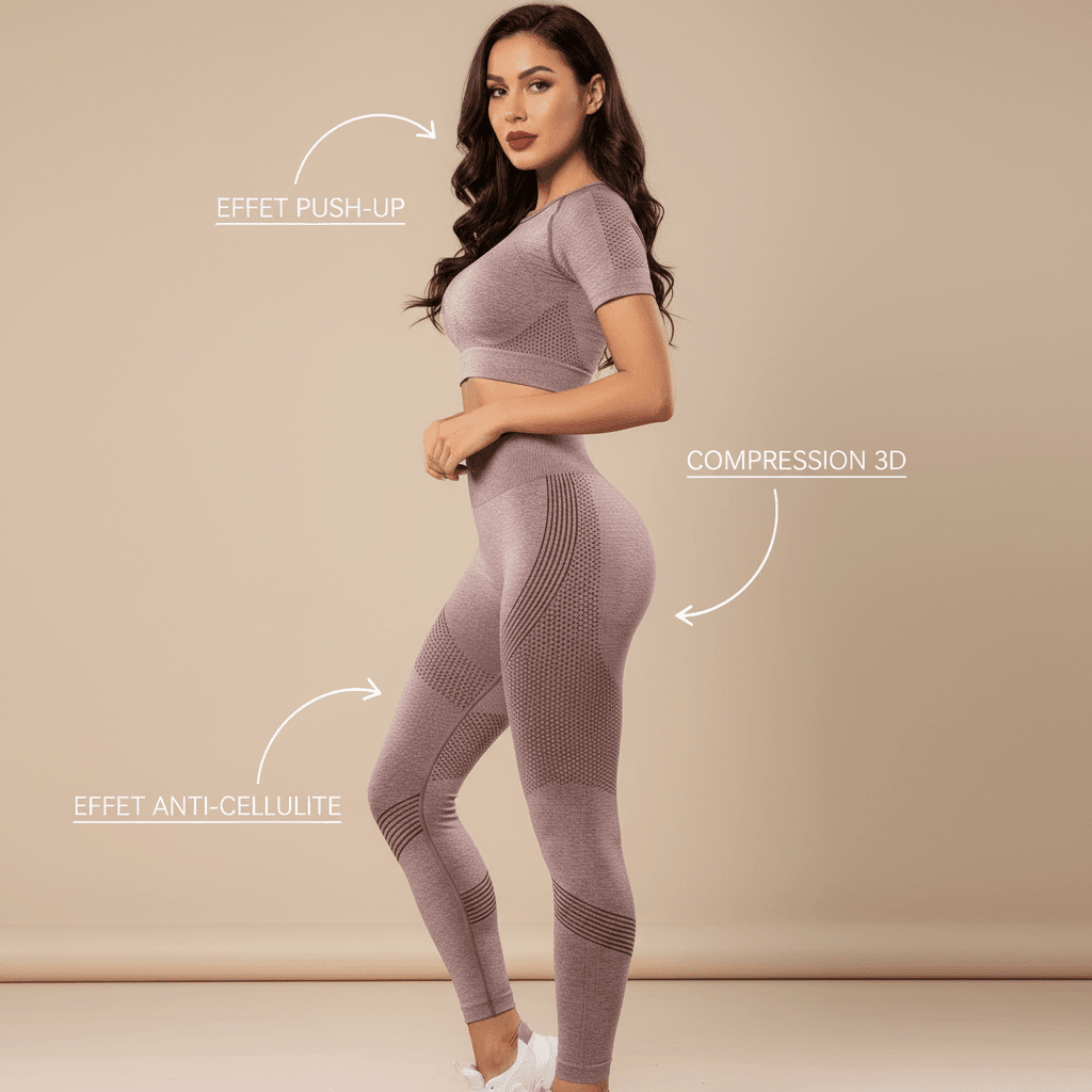 Legging 3D Anti Cellulite rose mauve profil avec fleches effet push up compression 3D et anti cellulite