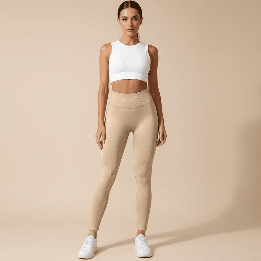 legging anti-cellulite beige vue de face avec mouvement élégant et visage visible en studio minimaliste beige