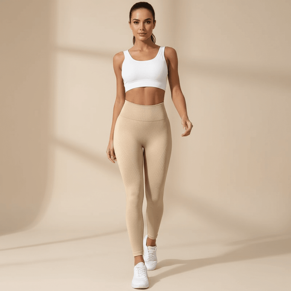 legging anti-cellulite beige vue de face avec matière lisse brillante et taille haute côtelée en studio premium