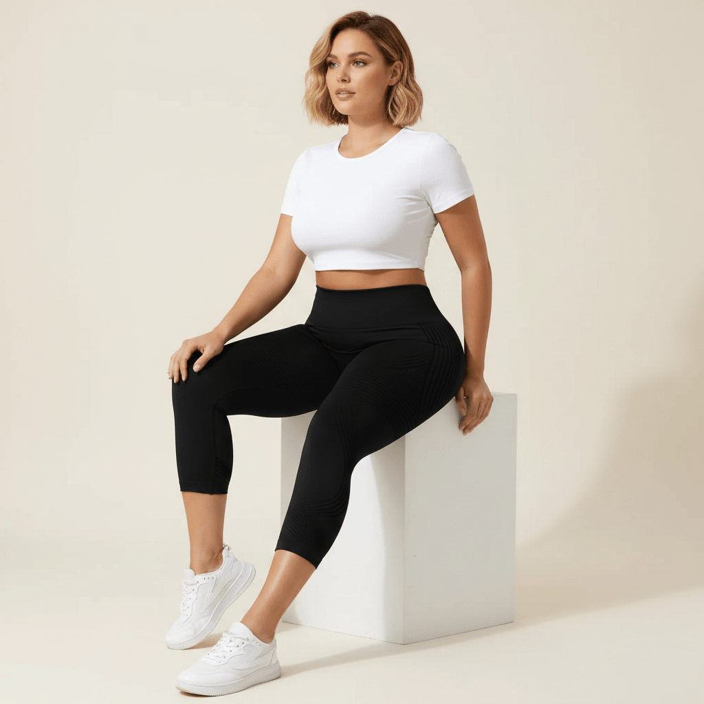 Femme assise sur un cube blanc en legging anti-cellulite capri 3/4 noir, studio beige