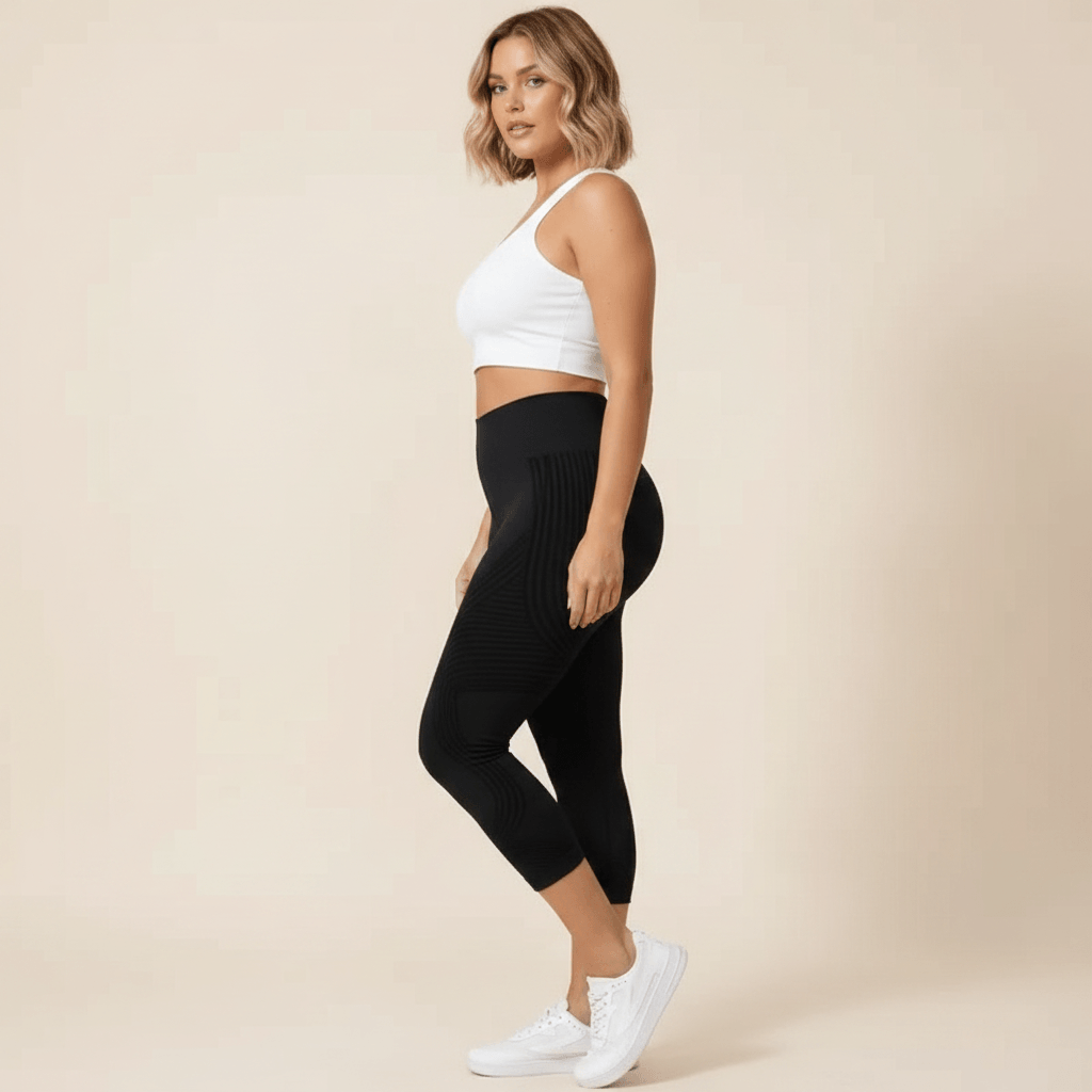 Legging anti-cellulite capri 3/4 noir vu de profil, taille haute gainante