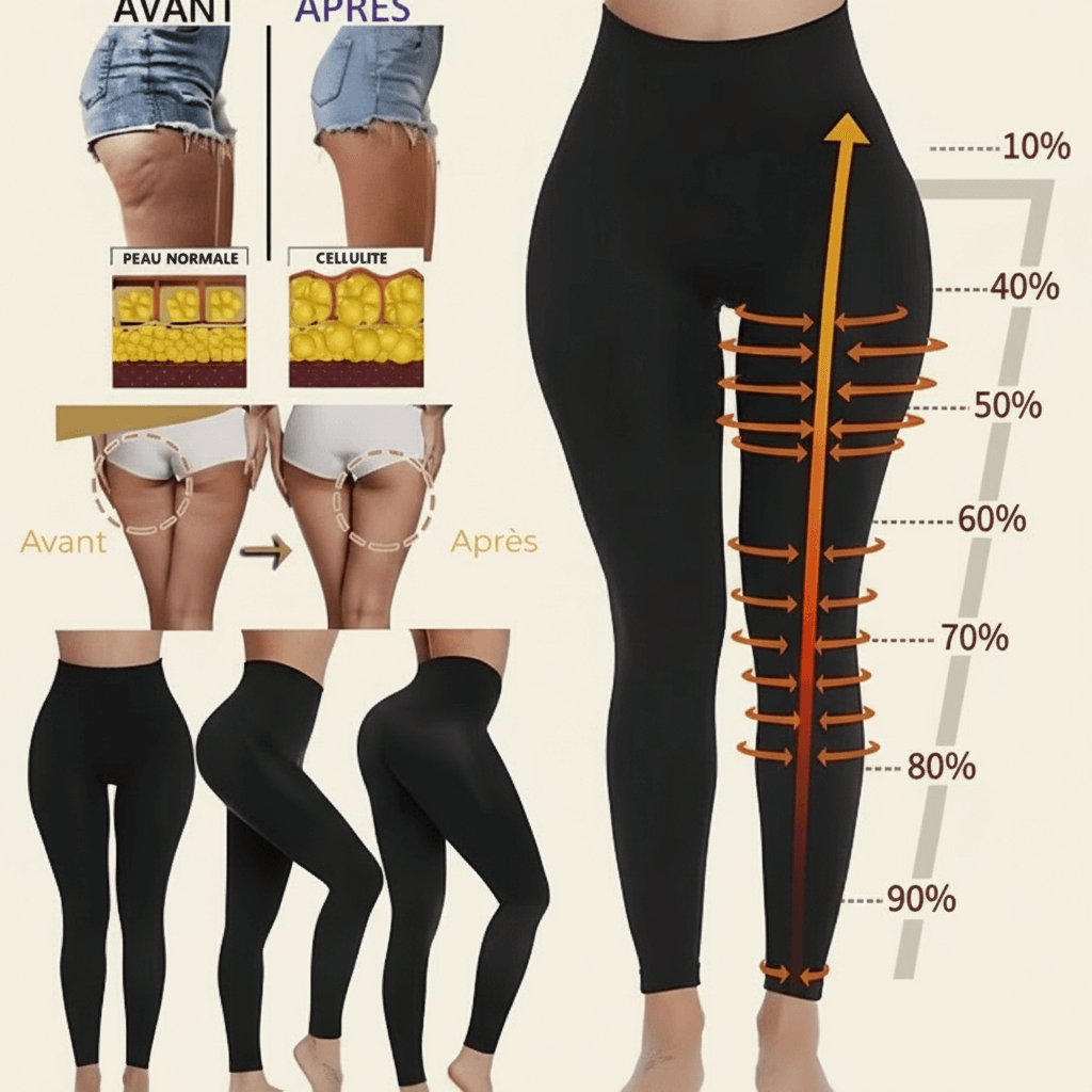 Infographie legging anti cellulite : zones de compression graduée 10% à 90%, avant/après cellulite et silhouette