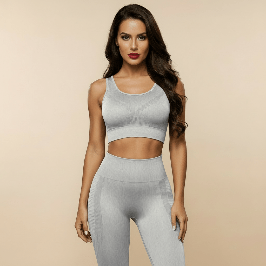  Legging anti cellulite gris clair, vue de face, pose élégante, brassière assortie, studio crème.