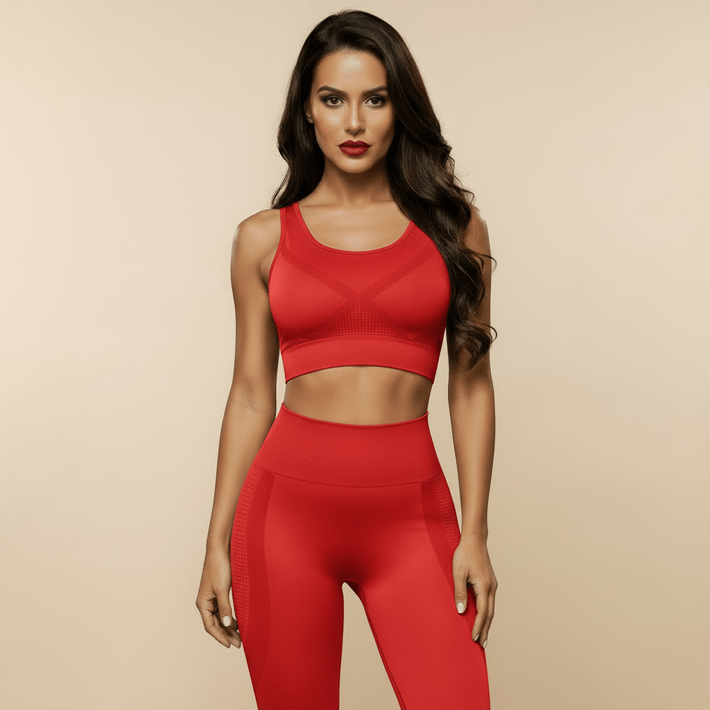 Legging anti cellulite rouge vif, vue de face, pose élégante, brassière assortie, studio crème.