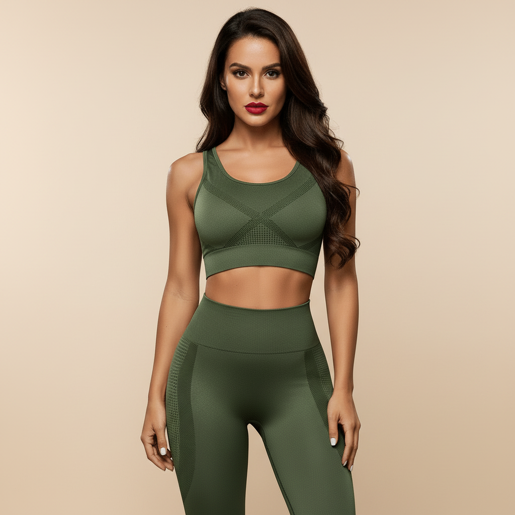 Legging anti cellulite vert olive, vue de face, pose élégante, brassière assortie, studio crème.