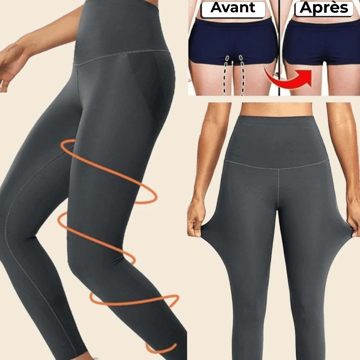 Transformation avant après avec legging anti cellulite femme montrant l’effet gainant et sculptant