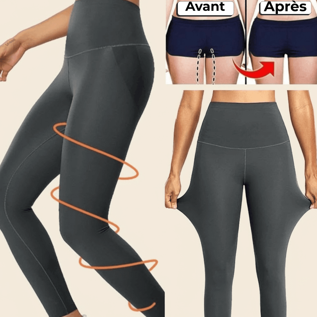 Transformation avant après avec legging anti cellulite femme montrant l’effet gainant et sculptant