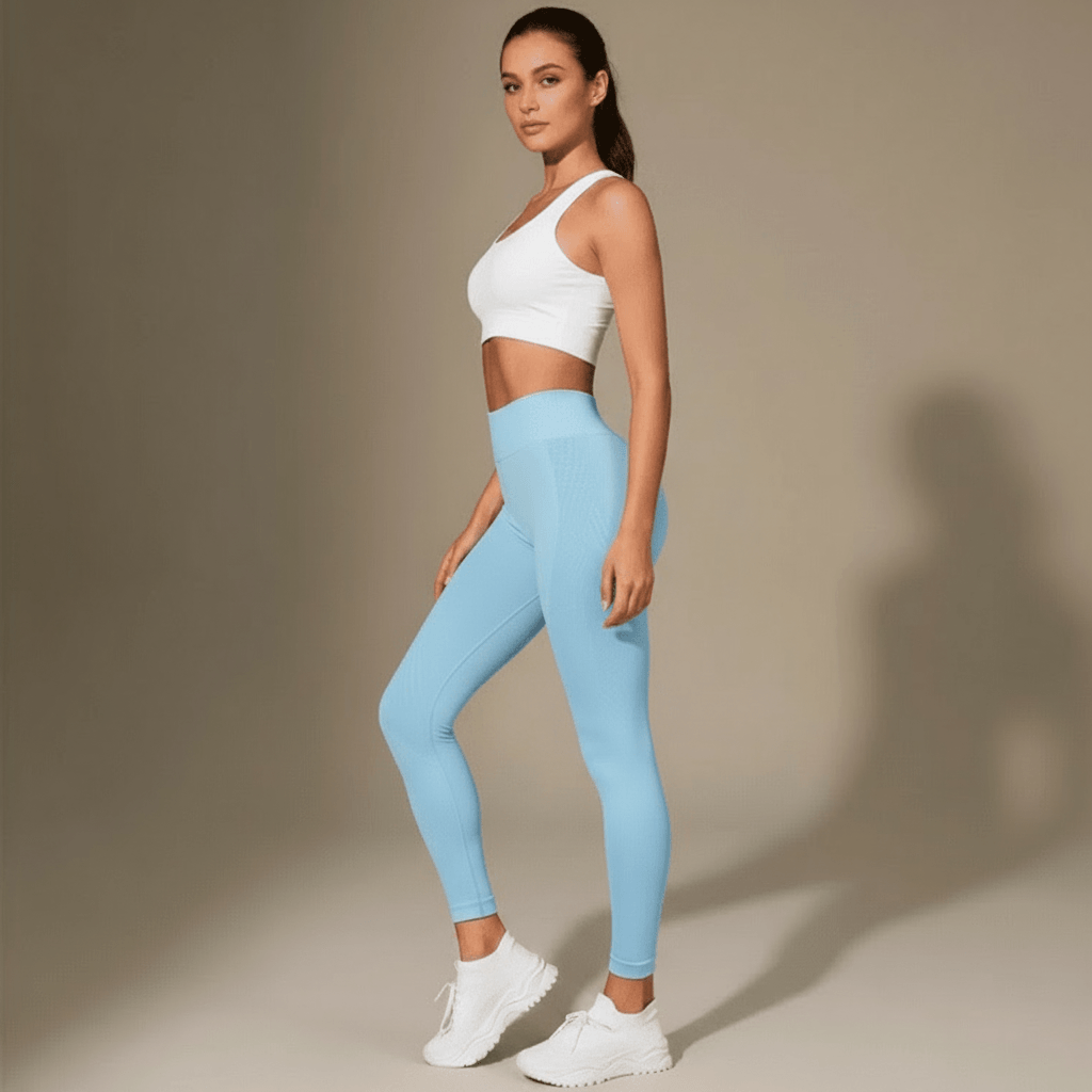 legging anti-cellulite femme profil visage visible bleu ciel dans un studio crème