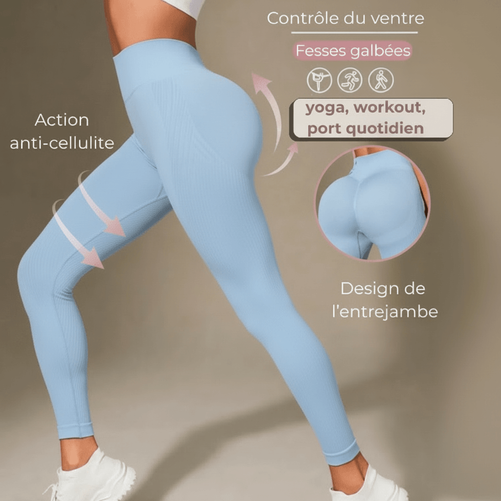 Legging anti cellulite femme bleu ciel zoom arrière avec flèches sur les cuisses et les jambes