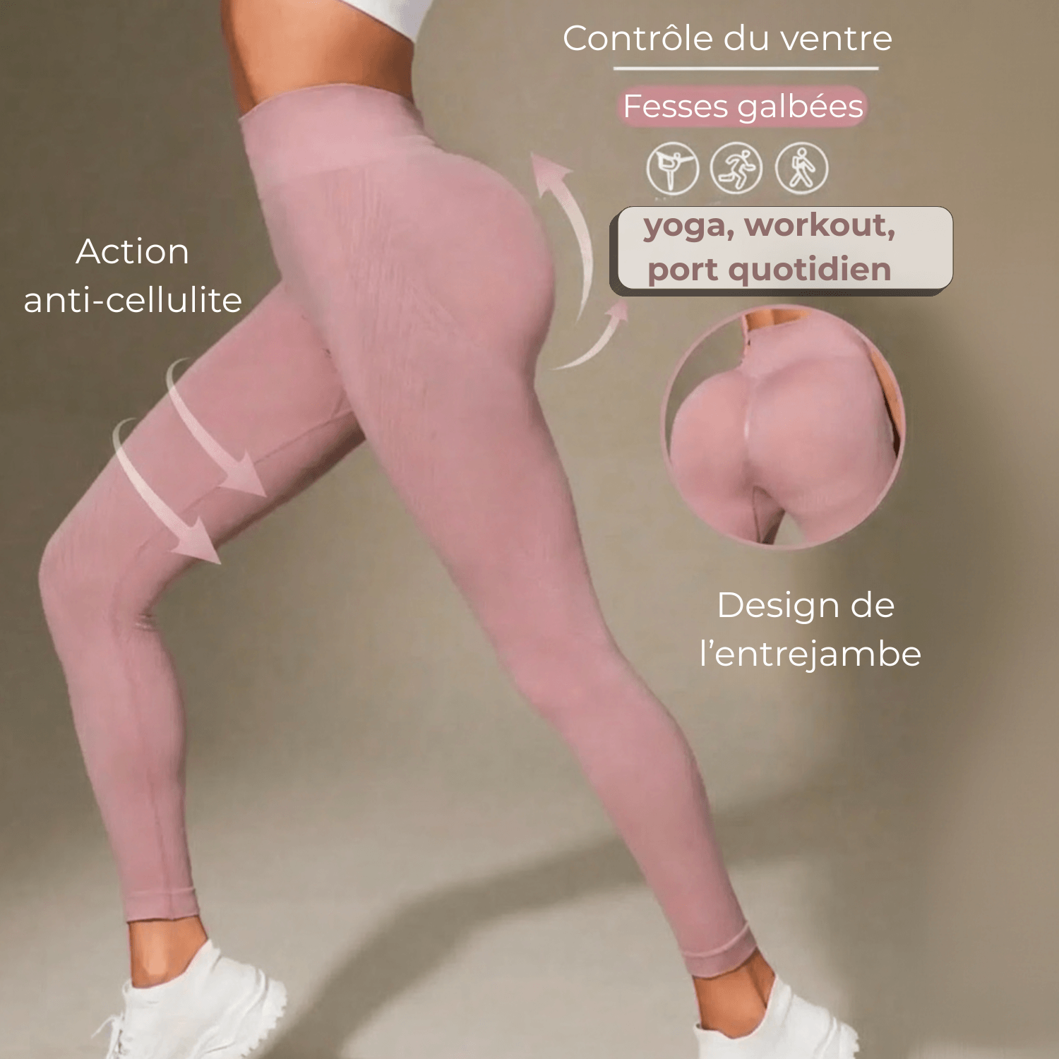 Legging anti cellulite femme rose poudré zoom arrière avec flèches sur les cuisses et les jambes