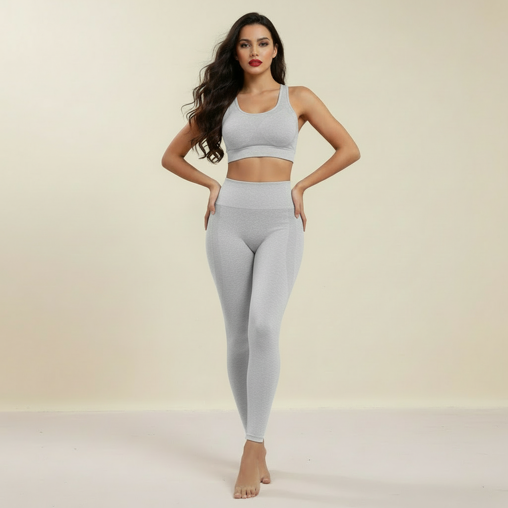 Legging anti cellulite gris clair, vue de face, tenue complète avec brassière assortie, studio crème