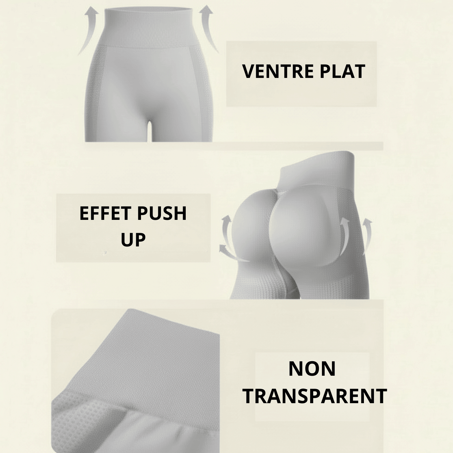  legging anti cellulite infographie fond crème douce avec flèches, legging gris clair, taille haute contrôle du ventre, effet push-up hanches, tissu non transparent