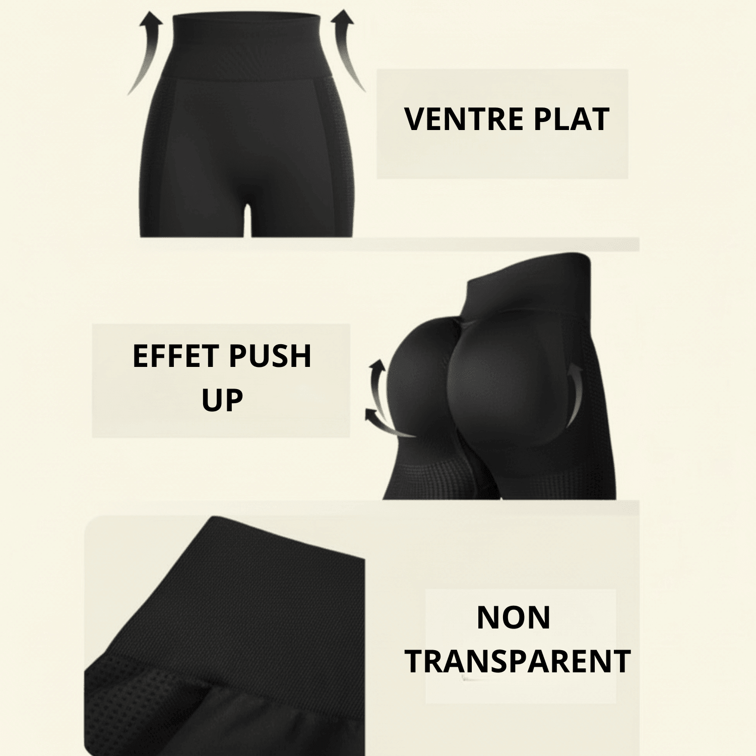 legging anti cellulite infographie fond crème douce avec flèches, legging noir, taille haute contrôle du ventre, effet push-up hanches, tissu non transparent