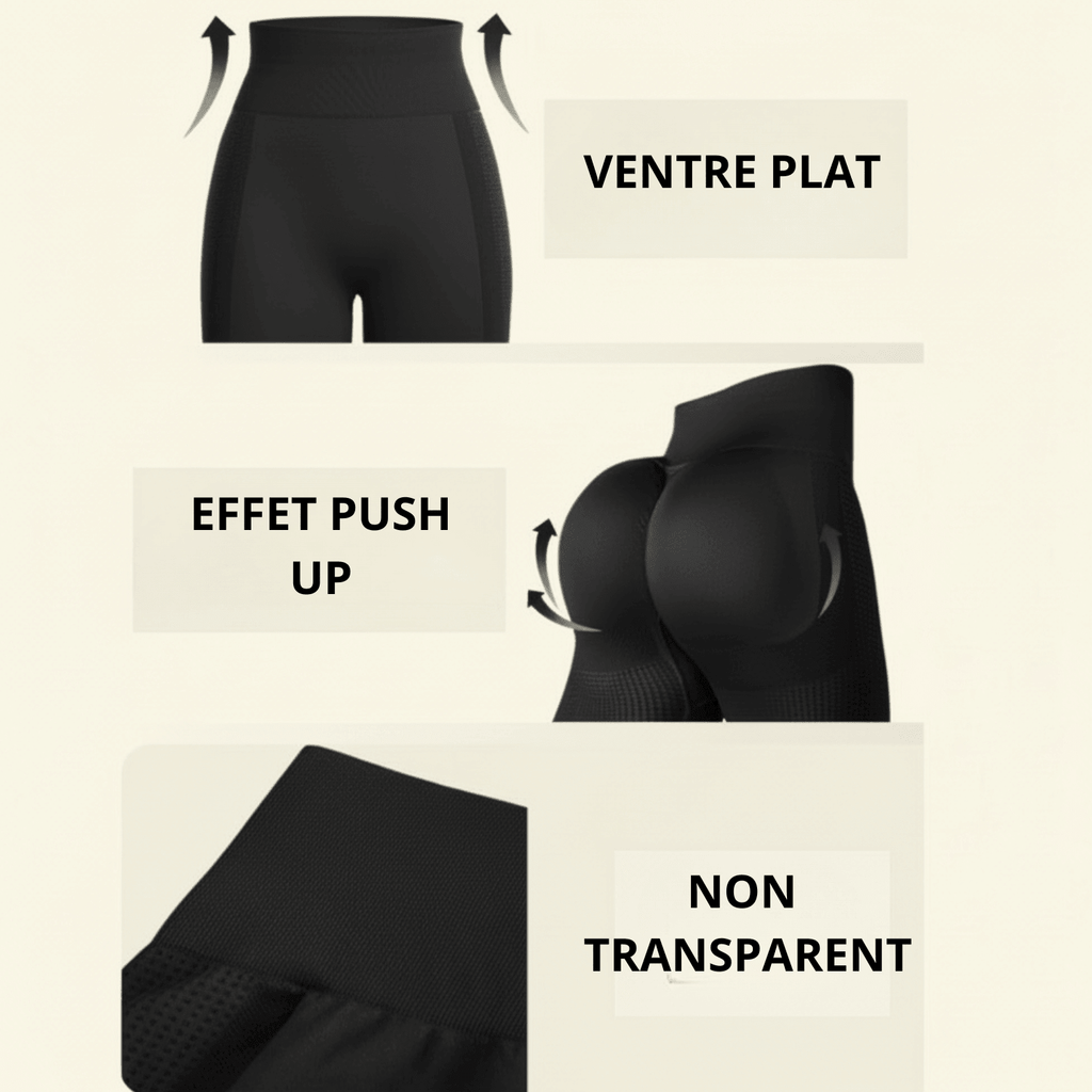 legging anti cellulite infographie fond crème douce avec flèches, legging noir, taille haute contrôle du ventre, effet push-up hanches, tissu non transparent