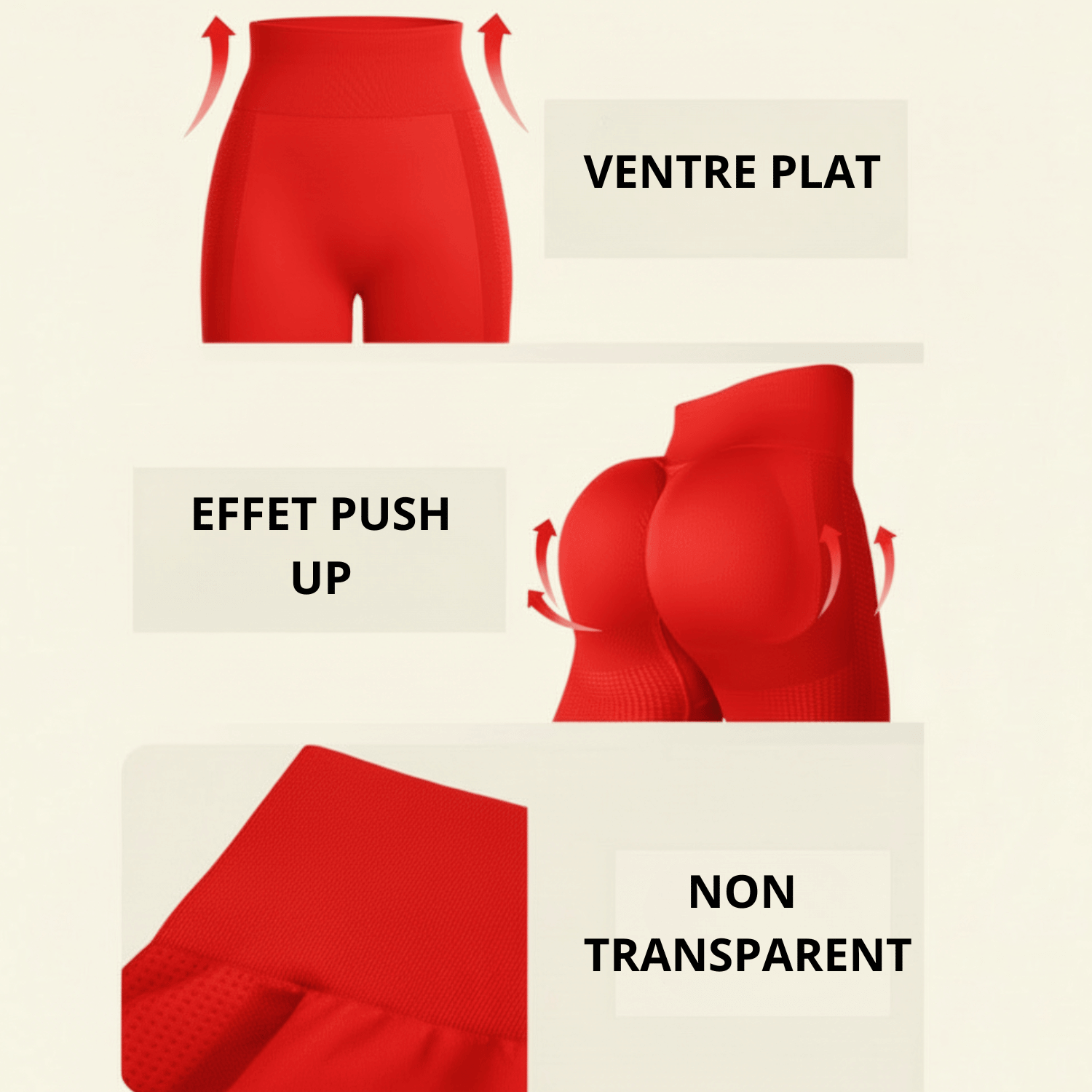 legging anti cellulite infographie fond crème douce avec flèches, legging rouge vif, taille haute contrôle du ventre, effet push-up hanches, tissu non transparent