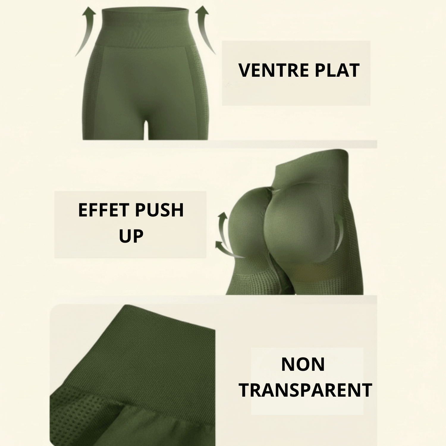 legging anti cellulite infographie fond crème douce avec flèches, taille haute contrôle du ventre, effet push-up hanches, tissu non transparent