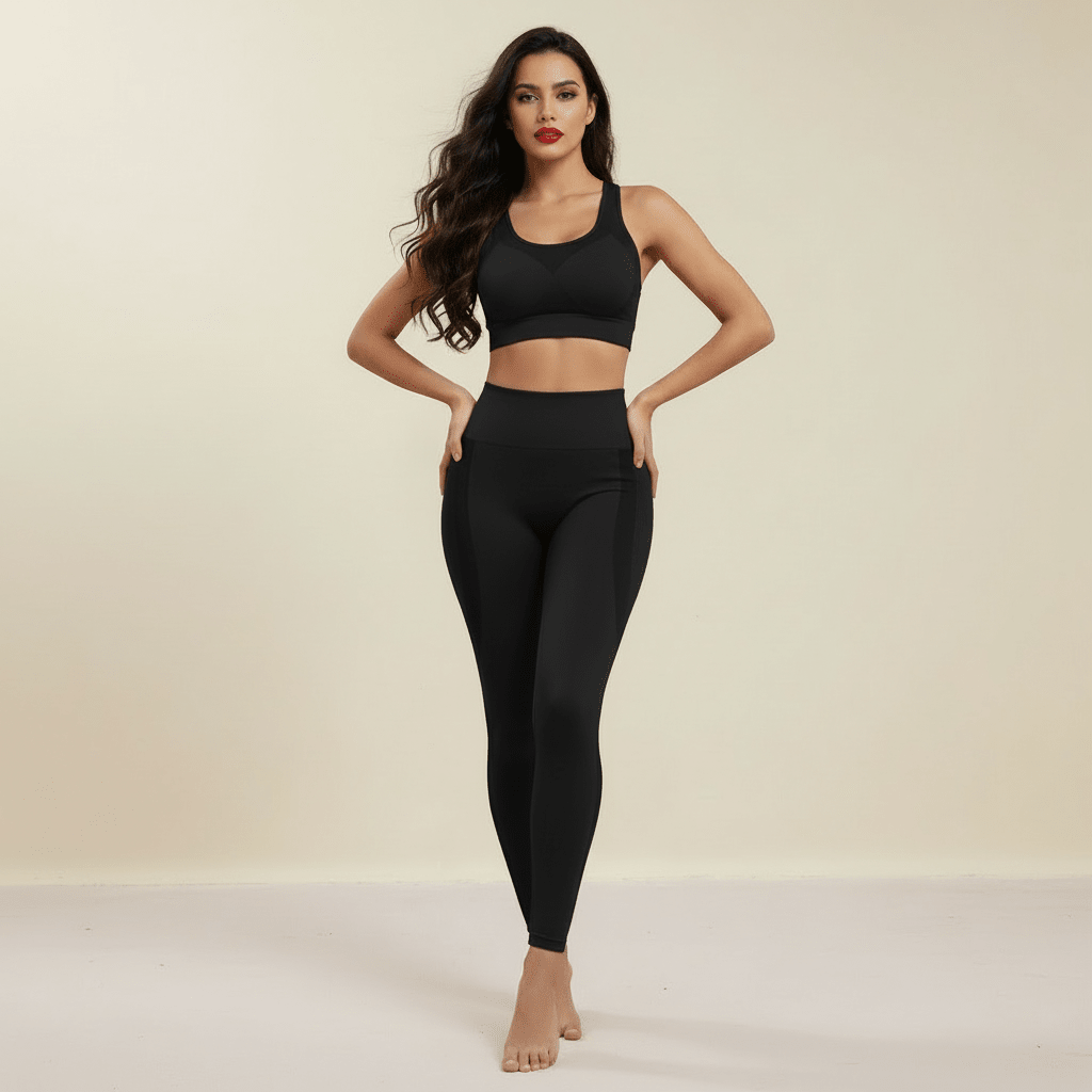 Legging anti cellulite noir, vue de face, tenue complète avec brassière assortie, studio crème