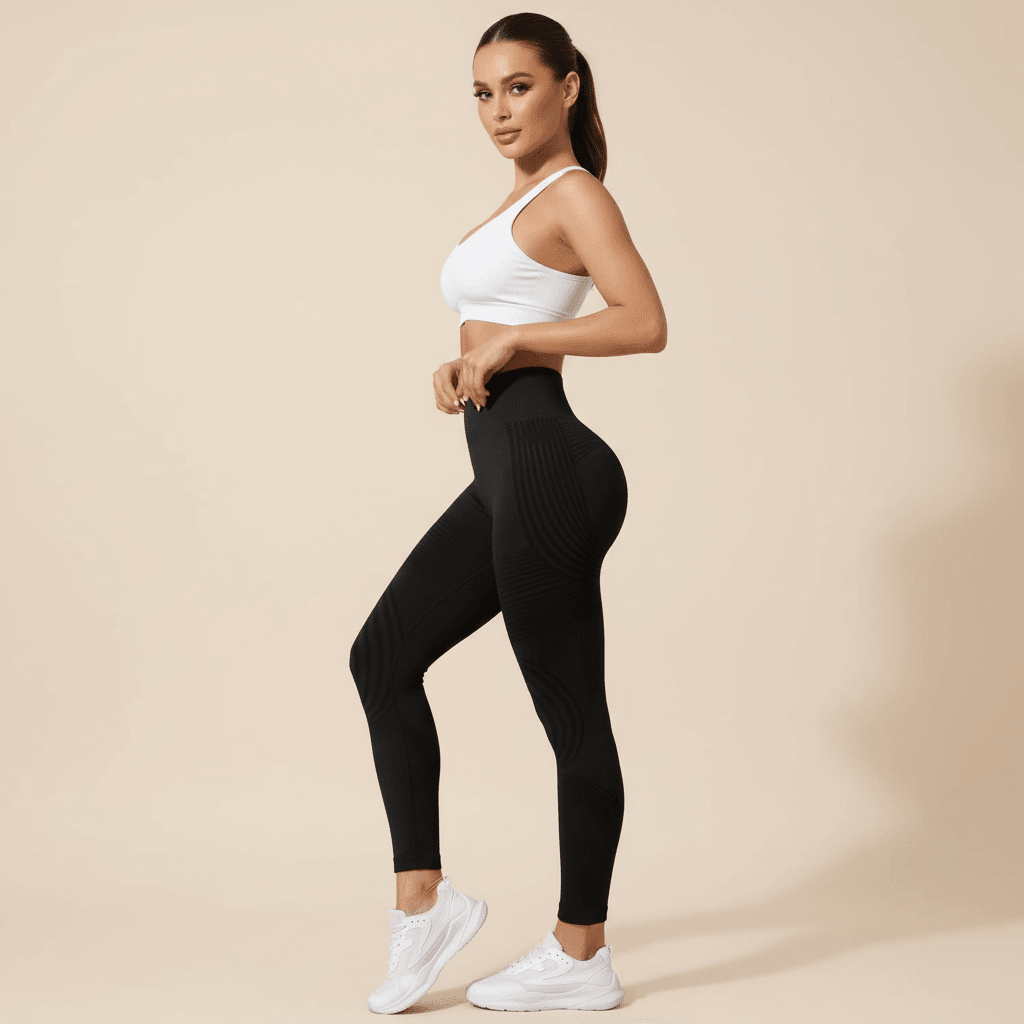 Legging anti-cellulite noir femme vue de profil avec visage visible en studio crème minimaliste