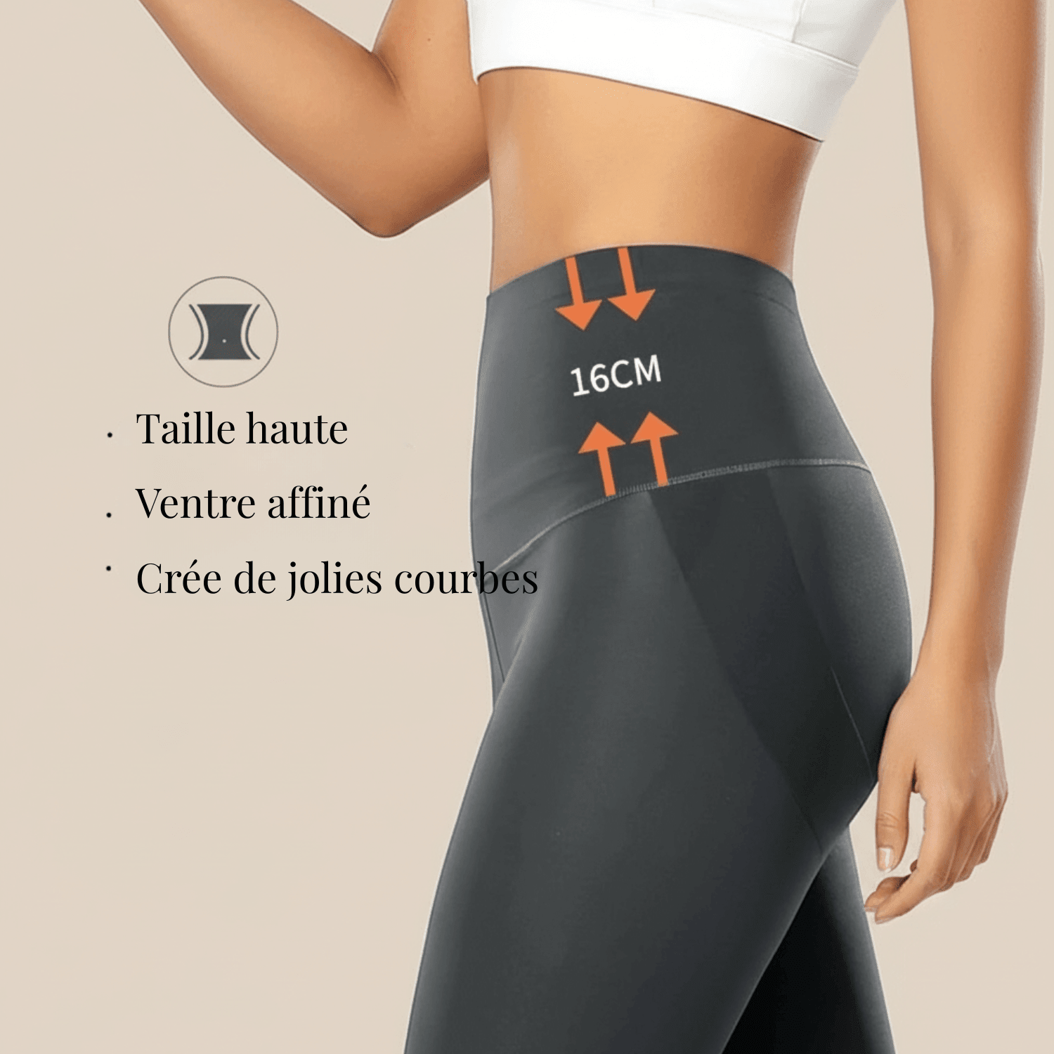 Détail taille haute du legging anti cellulite gris femme avec effet ventre plat
