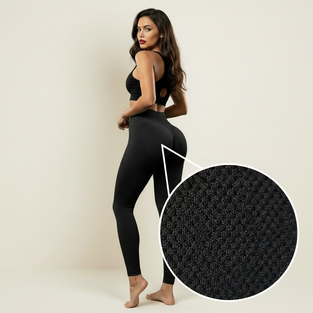 Legging anti cellulite noir, vue dos 3/4 avec zoom texture 3D en gros plan, fond crème minimaliste.