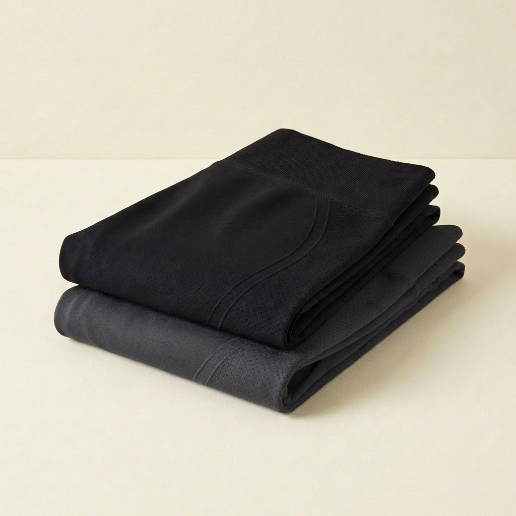 Pack legging anti cellulite noir et gris foncé, deux leggings pliés empilés sur fond crème minimaliste.