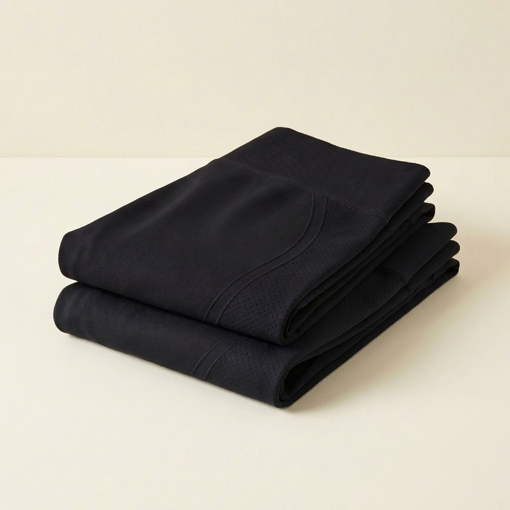 Pack legging anti cellulite noir, deux leggings pliés empilés sur fond crème minimaliste.