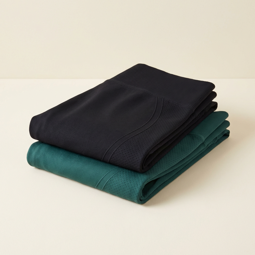 Pack legging anti cellulite noir et vert, deux leggings pliés empilés sur fond crème minimaliste.