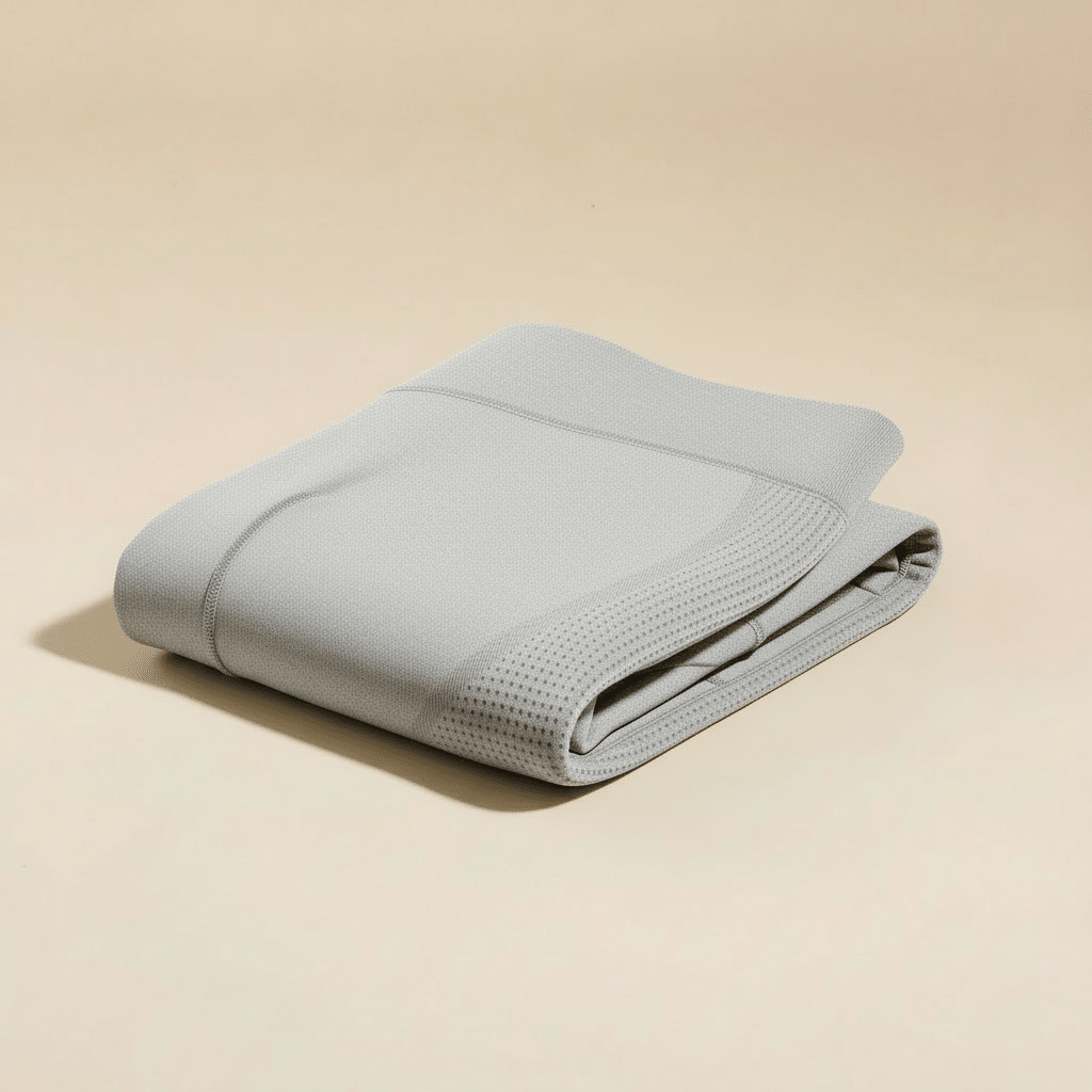 Legging anti cellulite gris clair, packshot plié premium, matière et finitions visibles, fond crème.