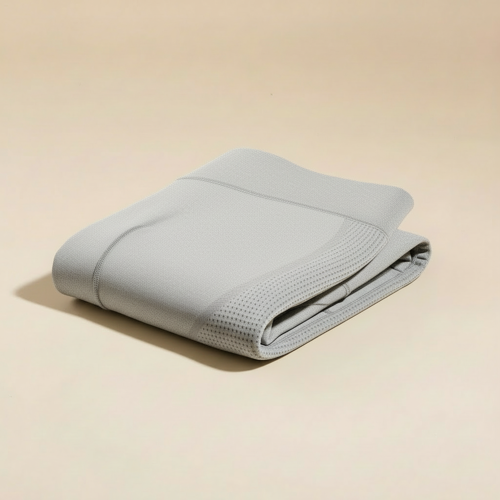 Legging anti cellulite gris clair, packshot plié premium, matière et finitions visibles, fond crème.