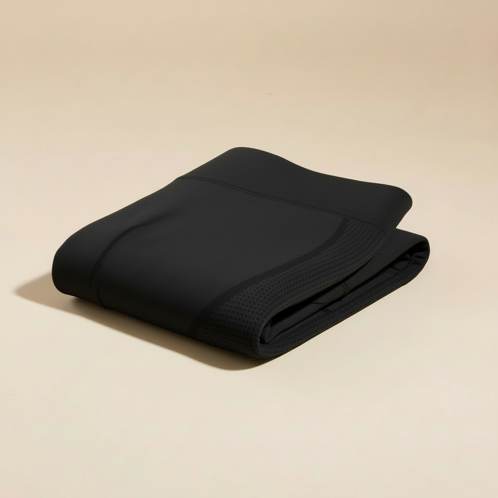 Legging anti cellulite noir, packshot plié premium, matière et finitions visibles, fond crème.