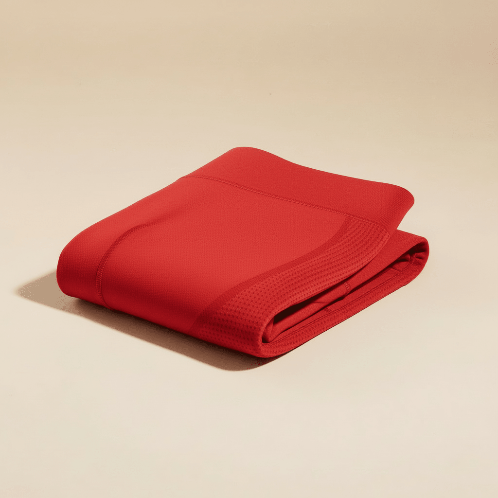 Legging anti cellulite rouge vif, packshot plié premium, matière et finitions visibles, fond crème.