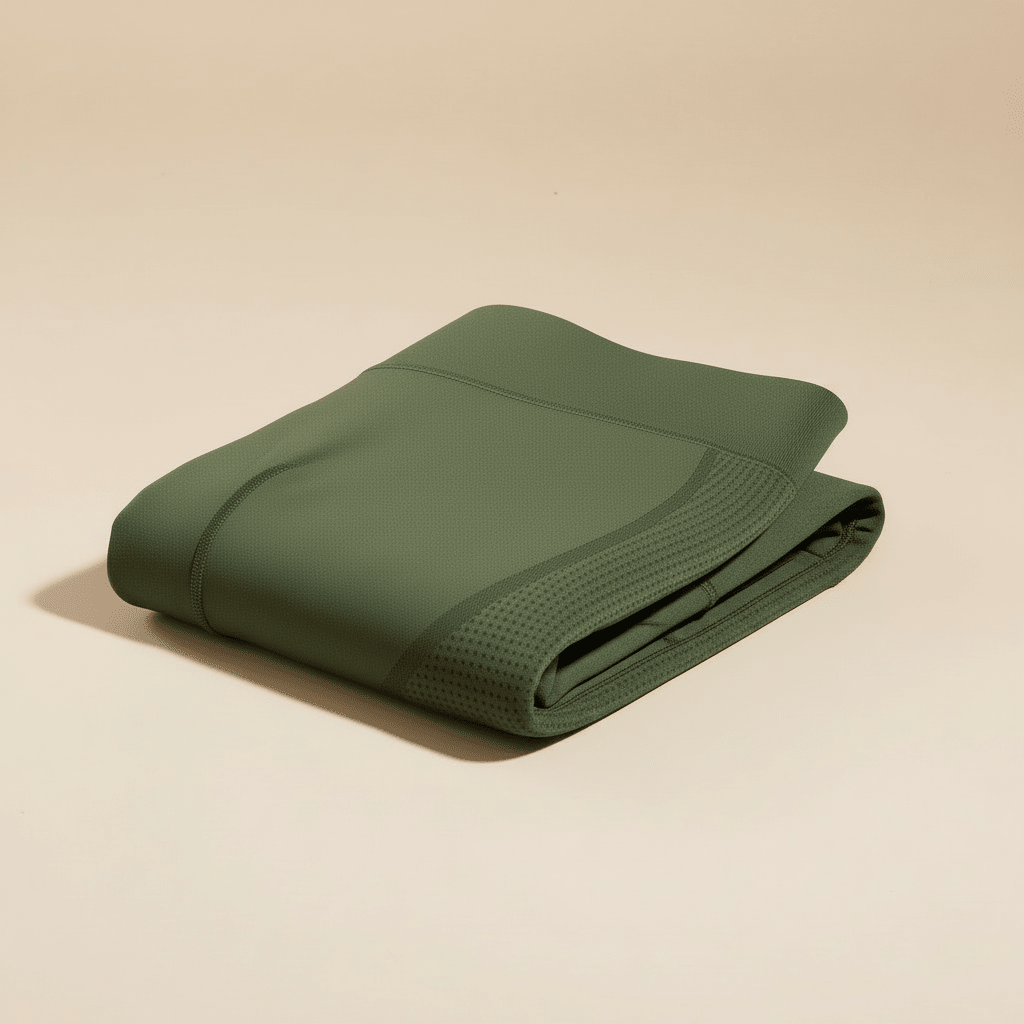  Legging anti cellulite vert olive, packshot plié premium, matière et finitions visibles, fond crème.