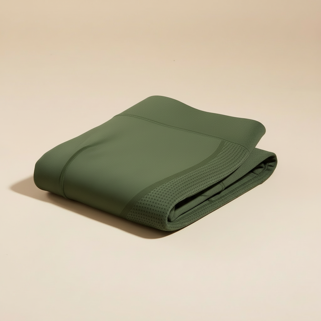  Legging anti cellulite vert olive, packshot plié premium, matière et finitions visibles, fond crème.