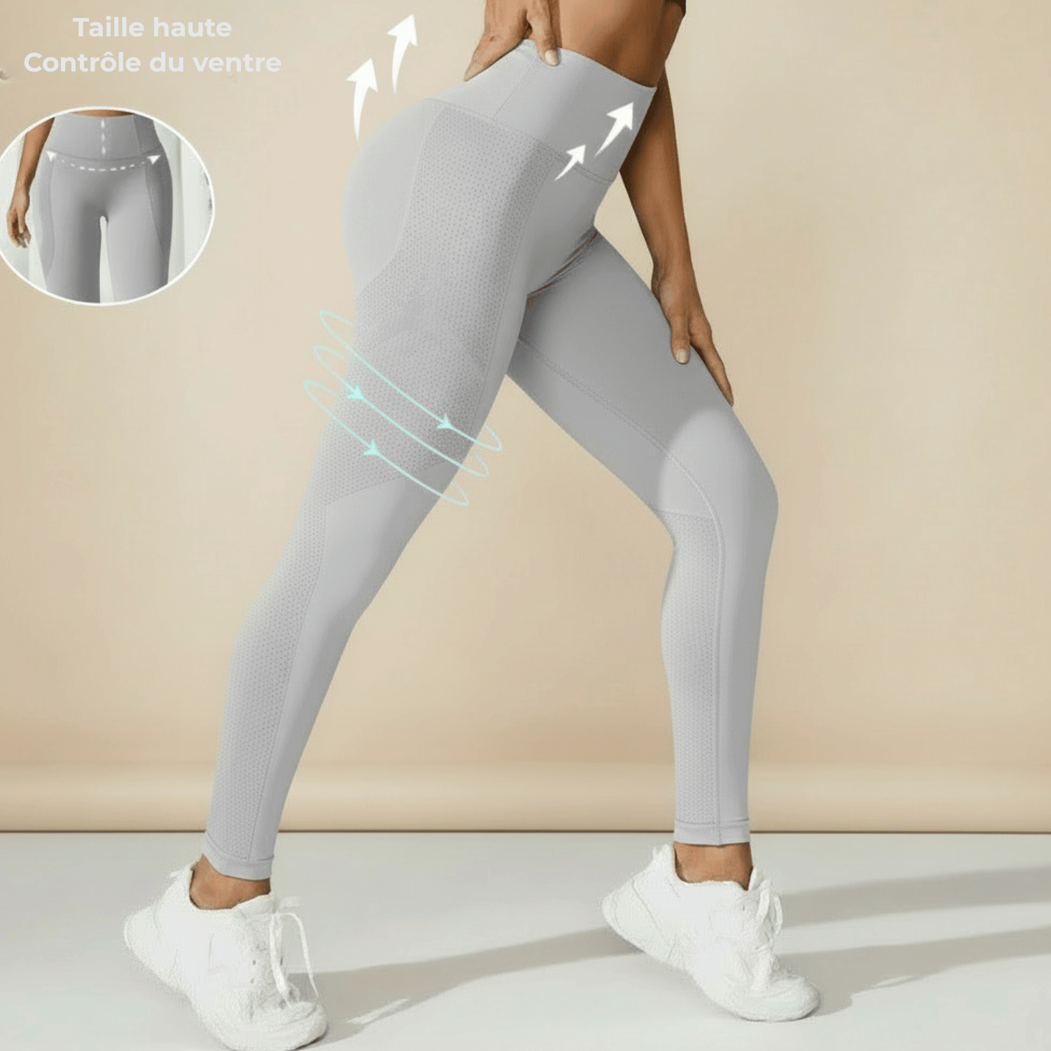  legging anti cellulite photo produit fond crème, legging gris clair, taille haute contrôle du ventre, flèches blanches