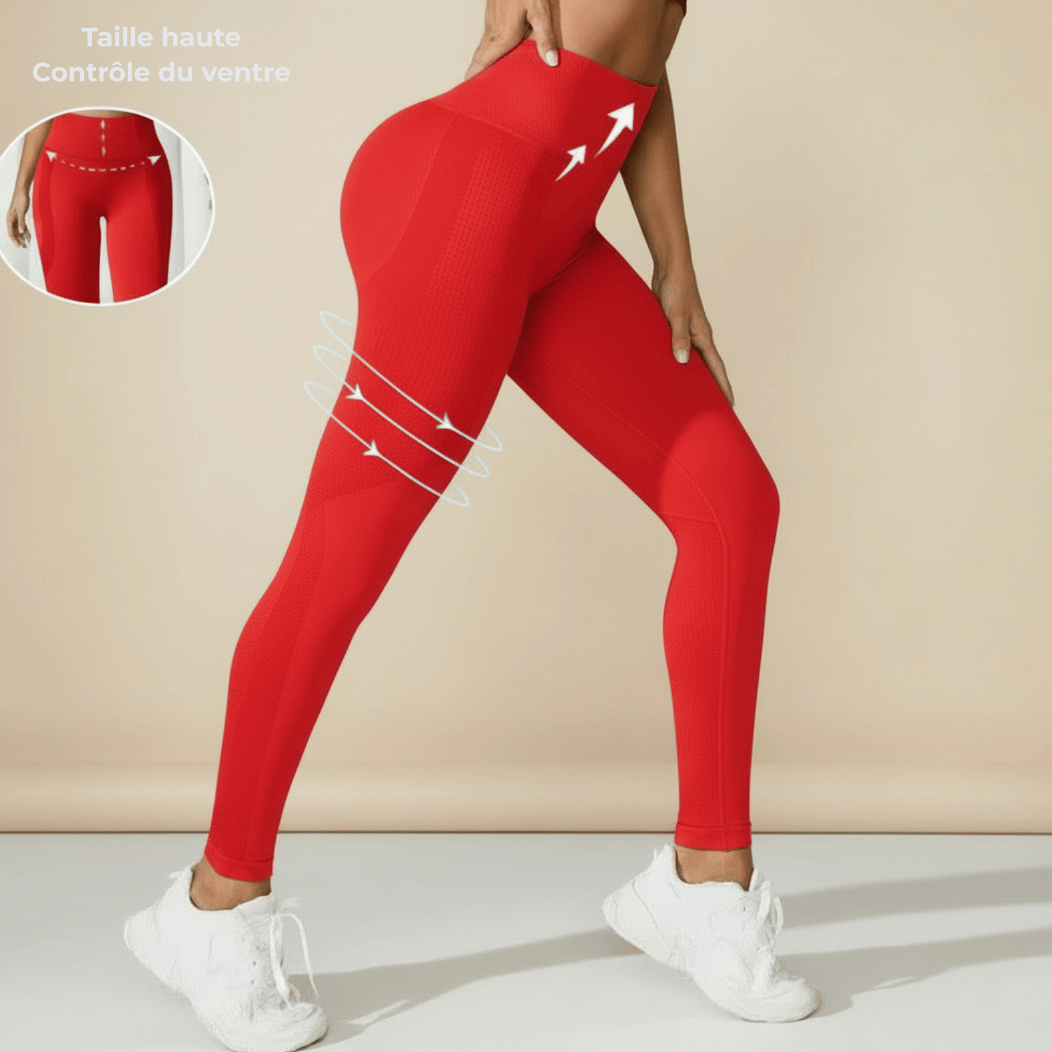 legging anti cellulite photo produit fond crème, legging rouge vif, taille haute contrôle du ventre, flèches blanches
