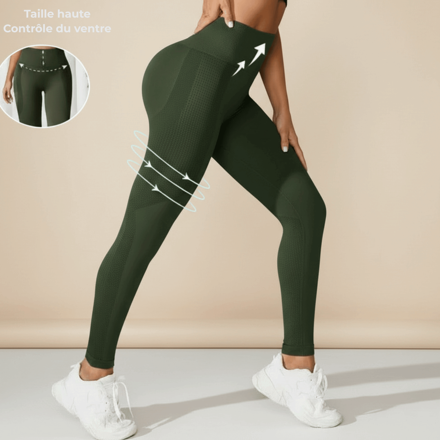 legging anti cellulite photo produit fond crème, legging vert armé, taille haute contrôle du ventre, flèches blanches