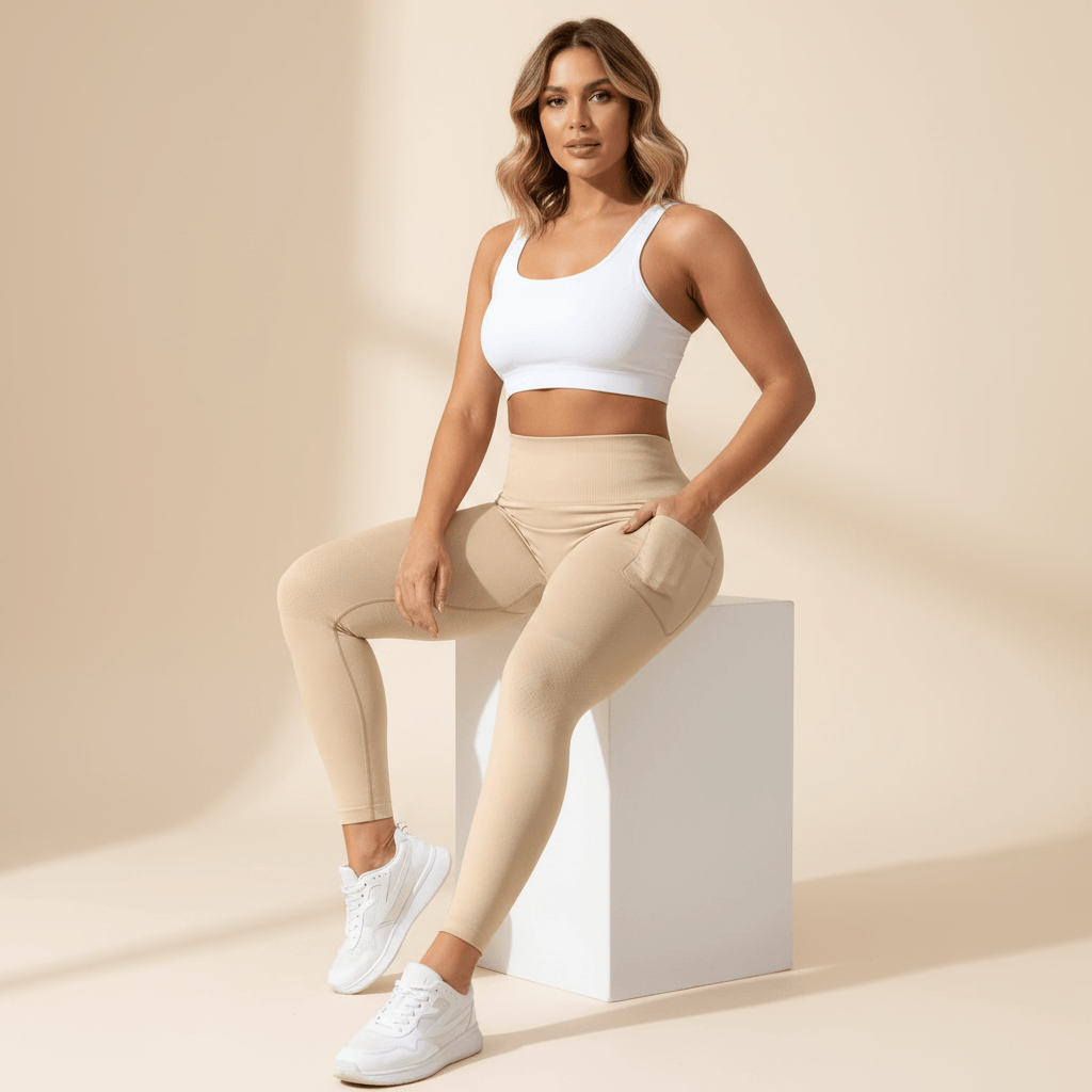 Femme assise sur un cube blanc en legging anti-cellulite avec poches, studio beige