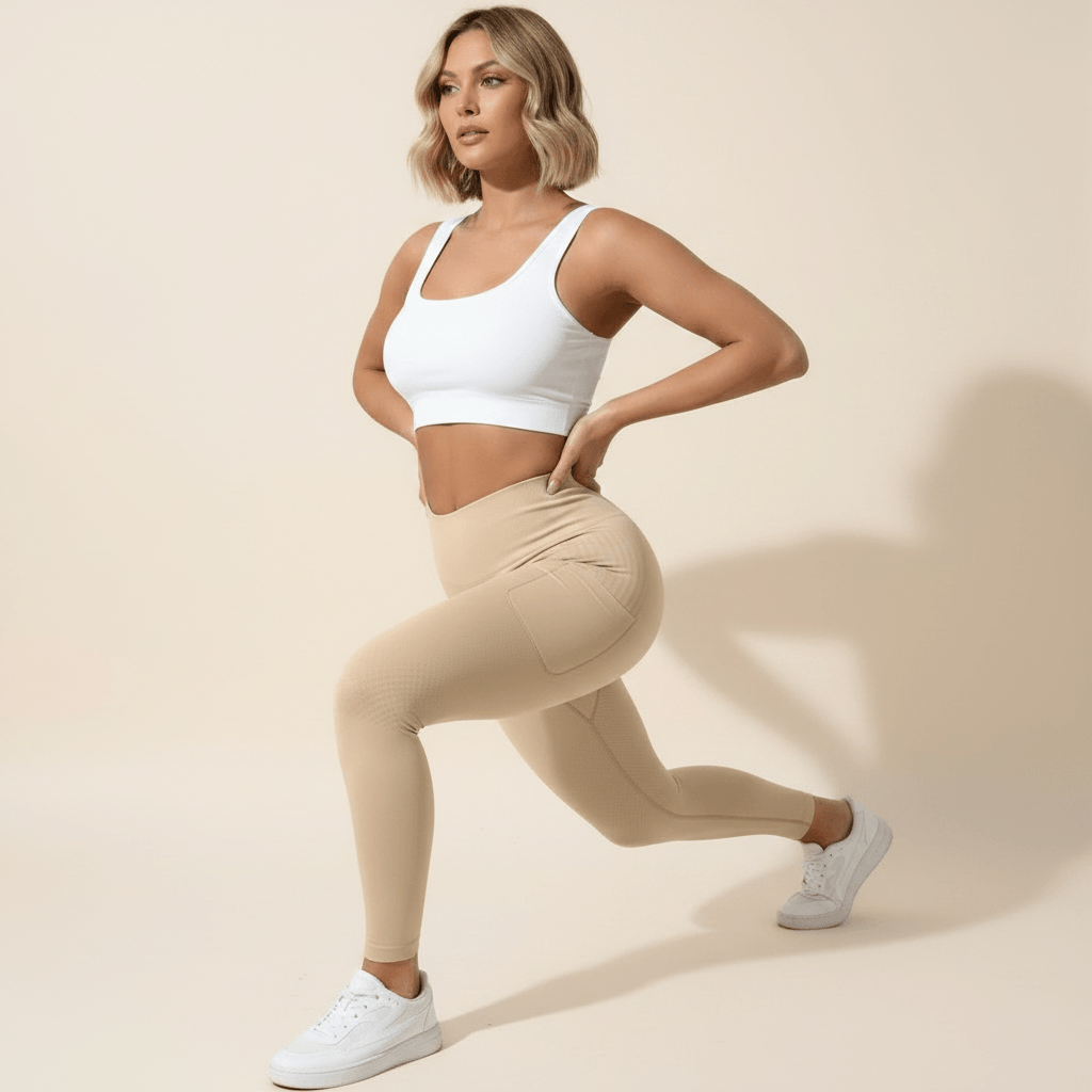 Femme détendue en legging anti-cellulite avec poches, confort seconde peau