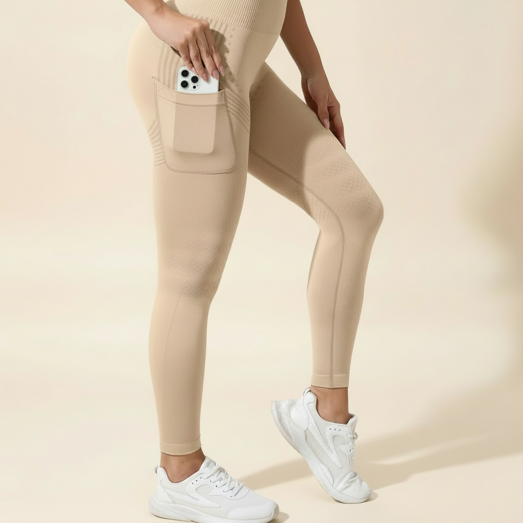 Zoom sur la poche latérale du legging anti-cellulite tenant un smartphone