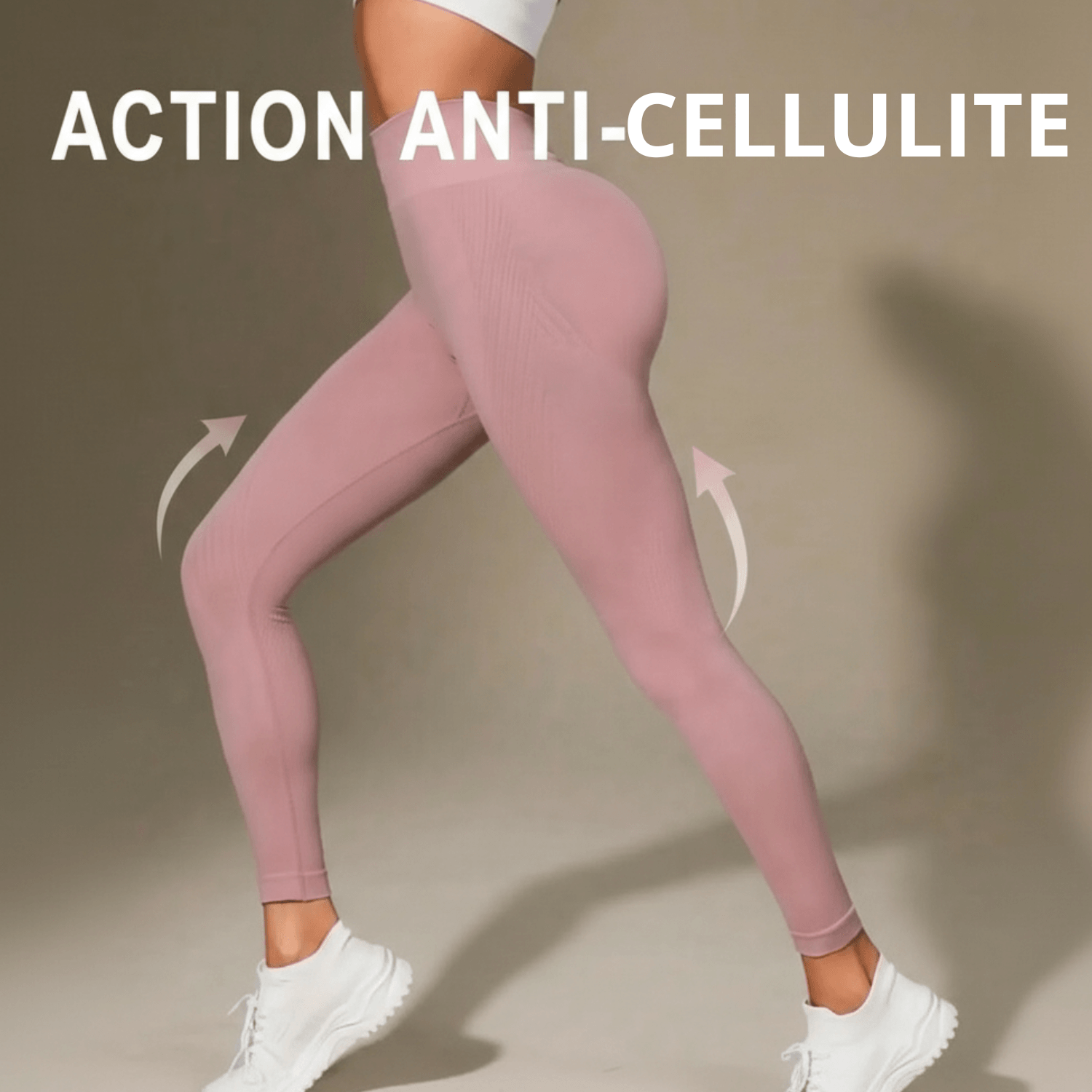 legging anti-cellulite rose action anti-cellulite avec flèches montrant l effet compression sur les cuisses et fessiers