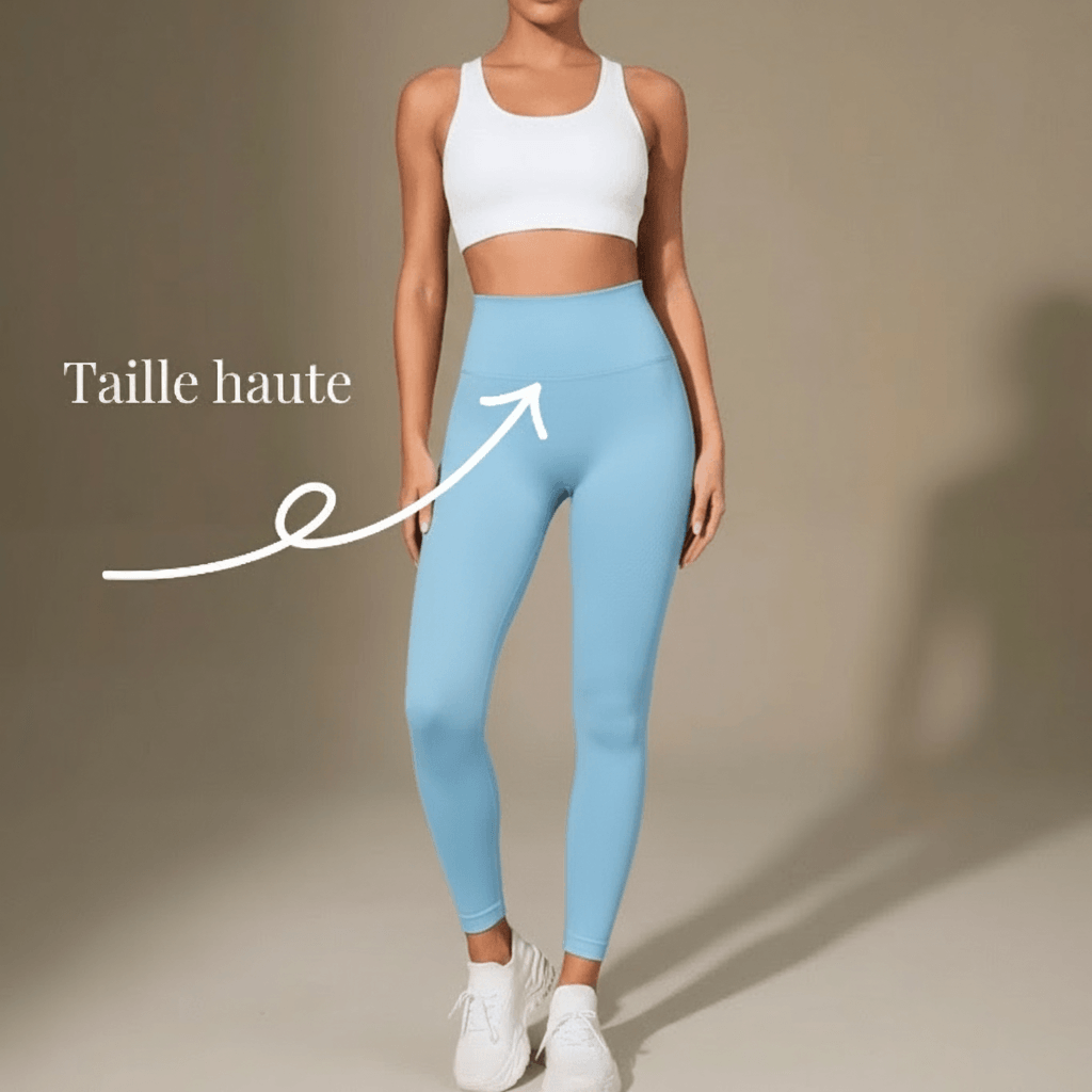 legging anti-cellulite bleu infographie avec contrôle ventre fesses peach design crotch et propriétés anti-cellulite