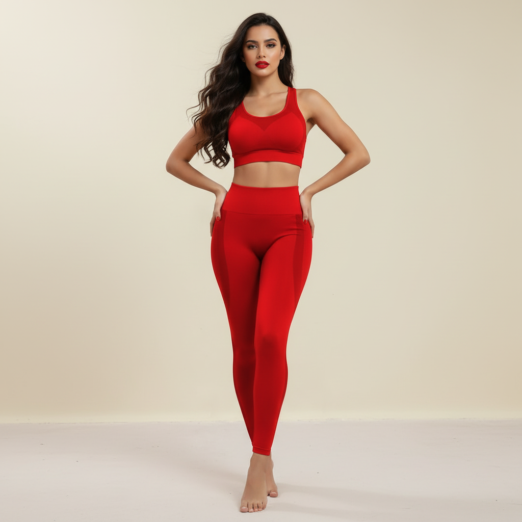 Legging anti cellulite rouge vif, vue de face, tenue complète avec brassière assortie, studio crème.