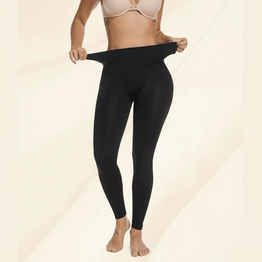 Femme montrant la ceinture extensible d’un legging anti cellulite noir taille haute, photo studio fond crème