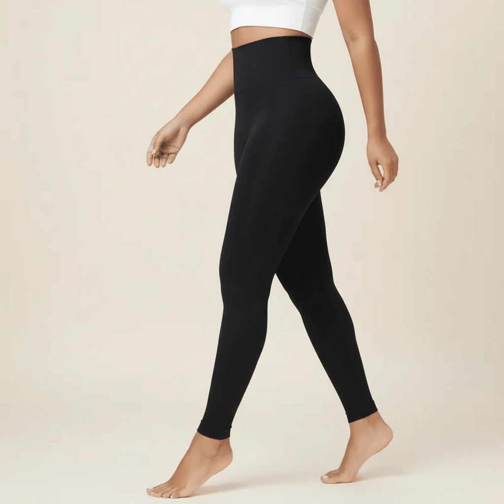 Femme portant un legging anti cellulite noir taille haute lisse, vue de profil en marche, photo studio fond crème