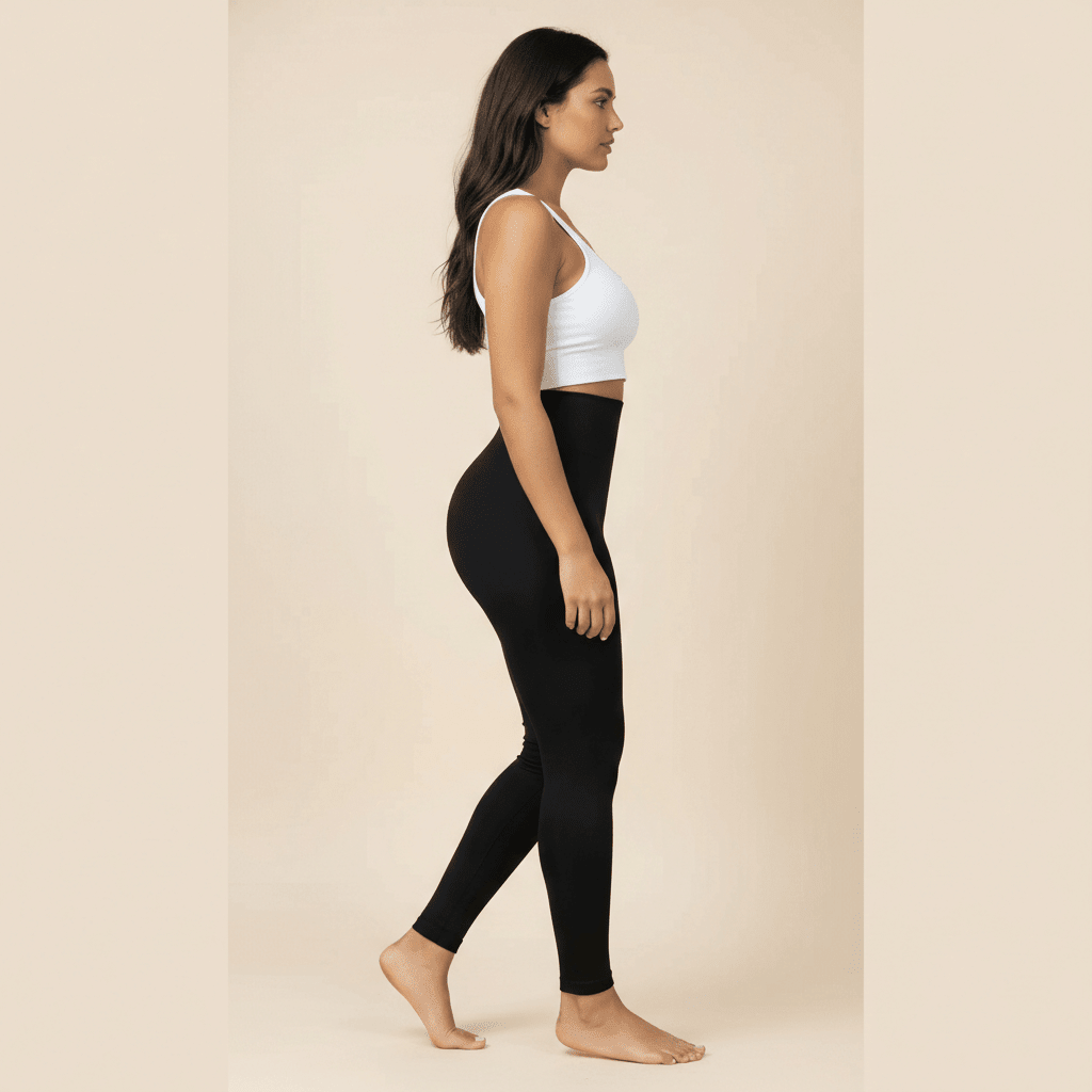 Femme portant un legging anti cellulite noir taille haute lisse, photo packshot studio fond crème, vue de profil