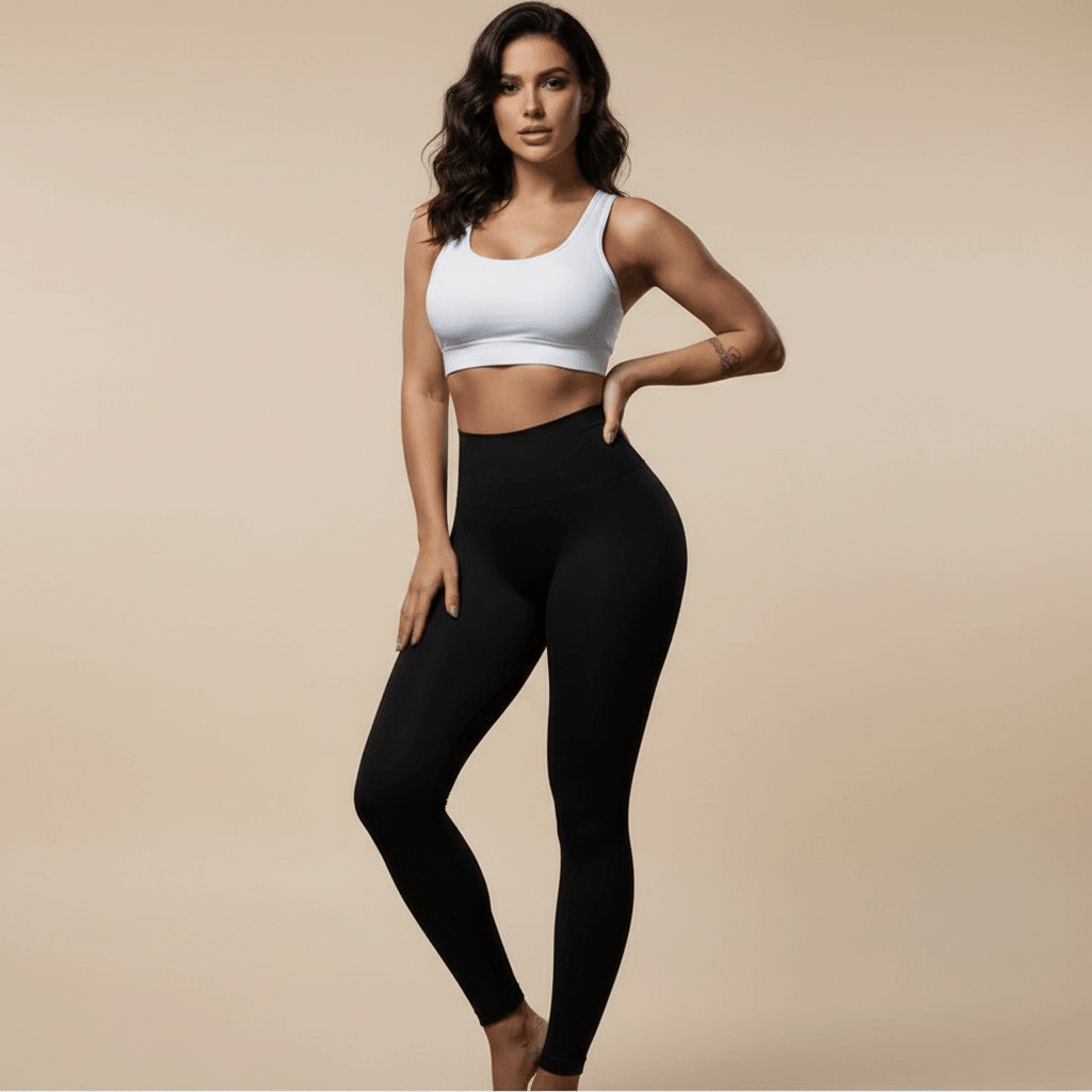 Femme portant un legging anti cellulite noir taille haute lisse, photo packshot studio fond crème, vue de face